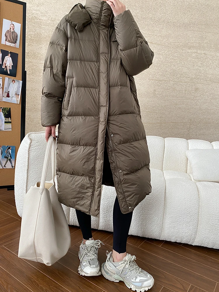 [EAM] Kaffee Große Größe Warme Lange Unten Jacke Neue Mit Kapuze Langarm Warme Frauen Parkas Mode Flut Herbst winter 2024 1DH7894