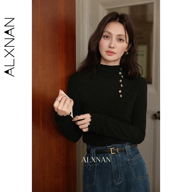 ALXNAN T-shirt a maniche lunghe da donna 2025 Nuovo autunno Fodera interna Dolcevita Decorazione bottoni Slim Pullover versatile L57528-1