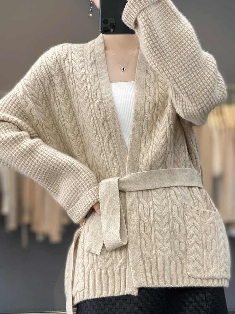 Fall 2023 New cashmere sweater women's V-neck belt cardigan 100% Merino wool knit top fashion Korean version