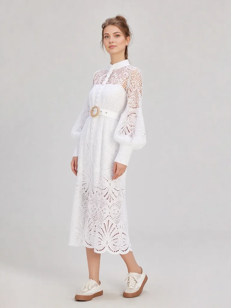 

Elegant Women's Embroidered A-Line Dress Autumn Long Lantern Sleeve Hollow out Pleated Party Vestido 2025 Stylish Patchwork