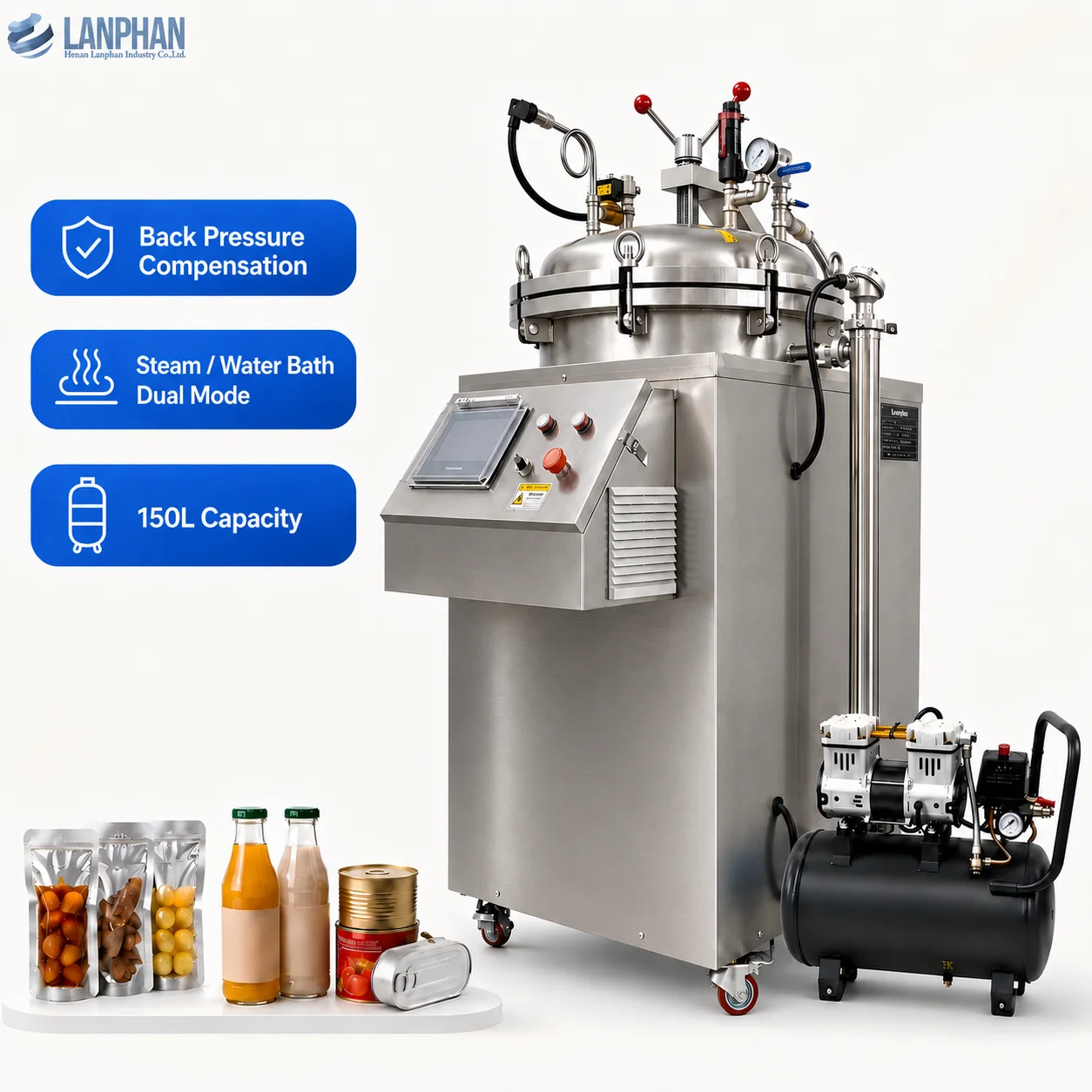 75L 100L 150L Retort Sterilizer Steam & Water Bath Microcomputer Automatic Control Prevents Bursting Extends Shelf Life