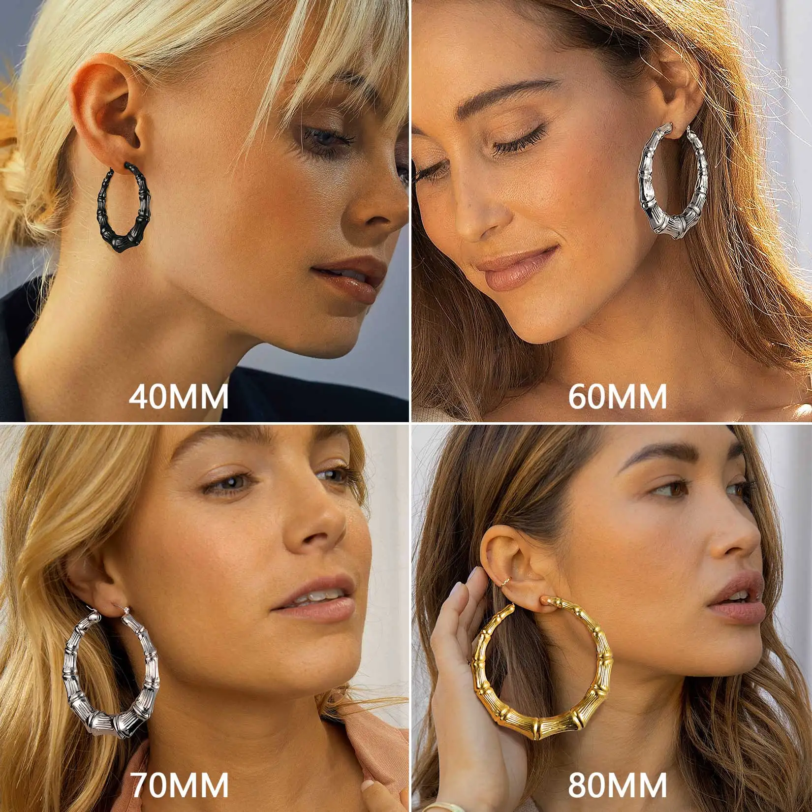 Bamboo Hoop Earrings Diameter 40mm/60mm/80mm for Women Stainless Steel Hypoallergenic Hyperbole Jewelry