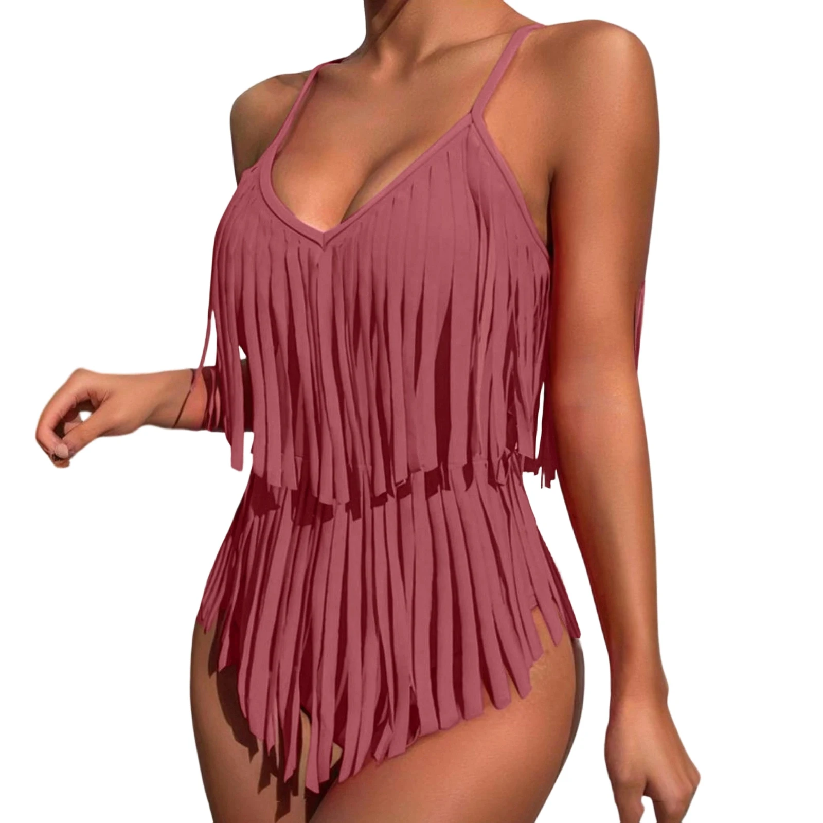 

2026 Deep Plunge Fringed Cut Out One Piece Swimsuit with Solid Color Sexy V-Neck Slim Fit and Backless Tassel Design Swimsuit