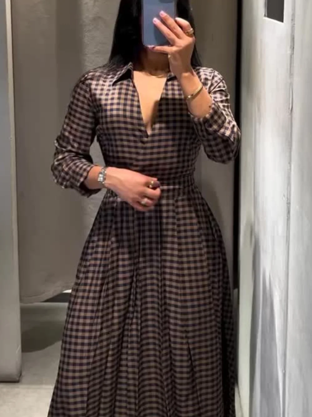New 2025 Women's Plaid Shirt Collar Long Dress with Belt Casual Chic Autumn Fashion Dress Long Sleeve Chic Women's Dress
