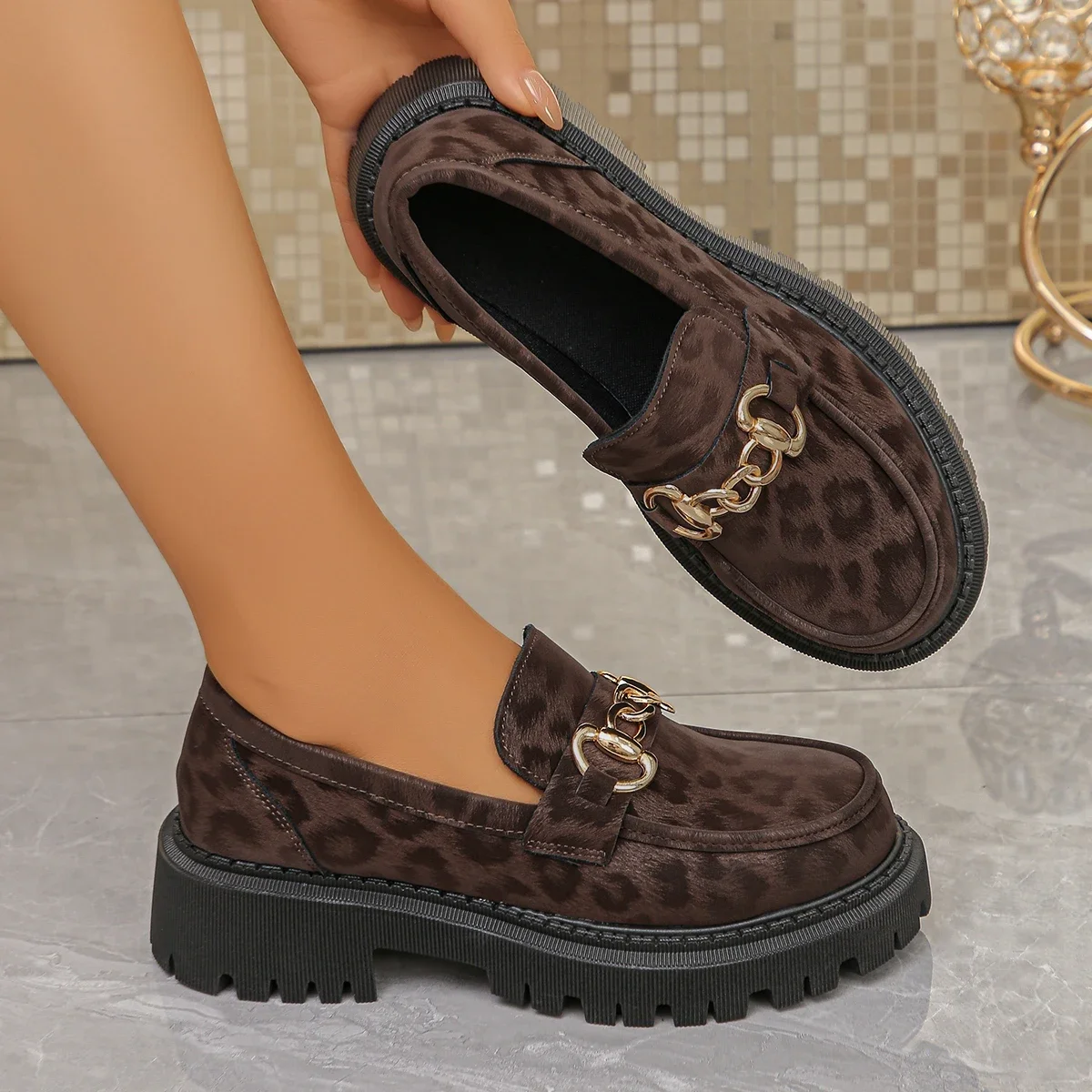 Damen-Mode Leoparden-Patchwork Slip-on Loafer mit Blockabsatz und Plateau 2026 Neue Freizeitschuhe Übergröße 43 – Detail 5