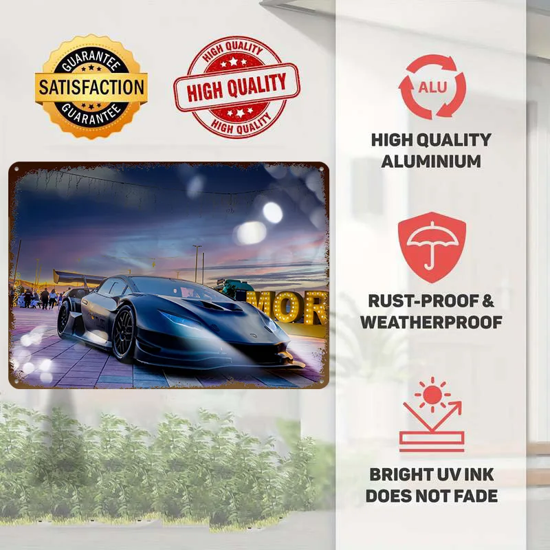 Black Sports Car At Dusk Metal Poster Customized Wall Art Retro Vintage Metal Signs for Man Cave Gaming Decoration Room House