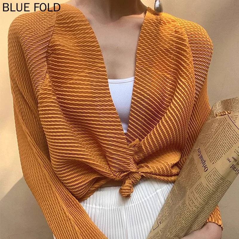 

Miyake Summer New Arrival Elegant Short Jacket Women with Collar Long Sleeves Versatile Casual Pleated Cardigan Top PLEATS Sirt