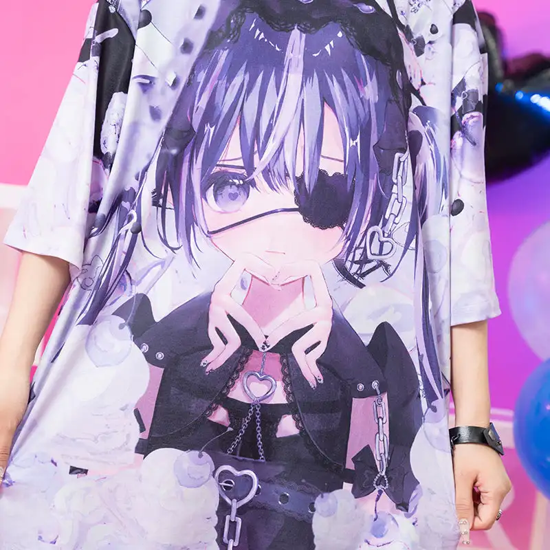 Das neueste dunkle Gothic-T-Shirt mit Aufdruck, Genjuku-Stil für Kinder/Erwachsene, Subkultur, Y2k, Rollenspiel, lockeres, kurzärmliges Shirt in Übergröße – Detail 5