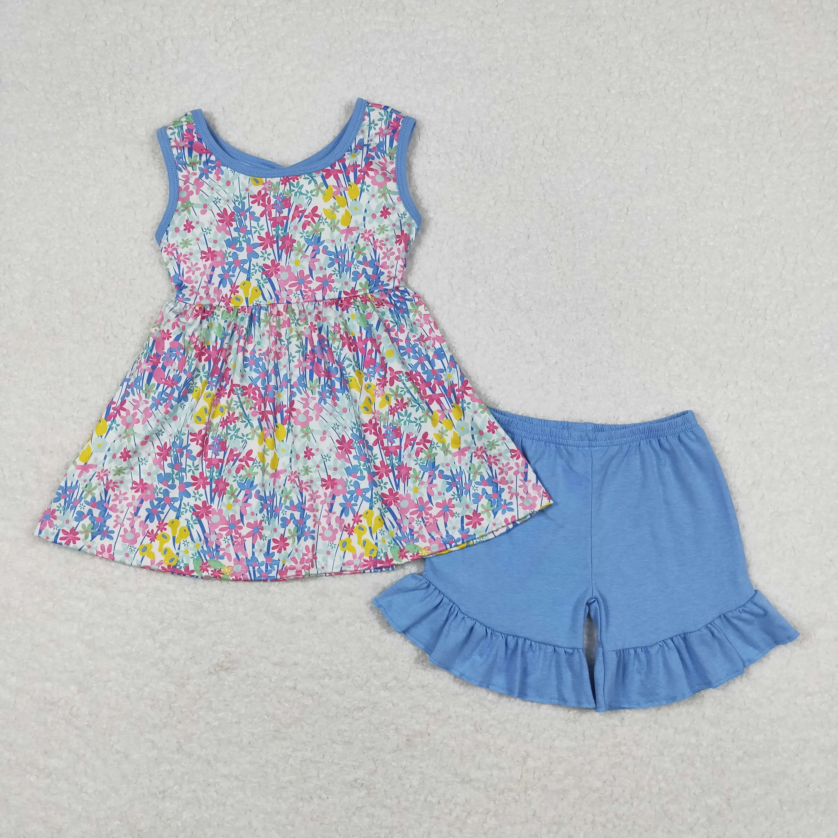 

GSSO0547 toddler girls clothes sets Floral blue bow sleeveless shorts suit kids Summer Boutique Wholesale clothes for girls