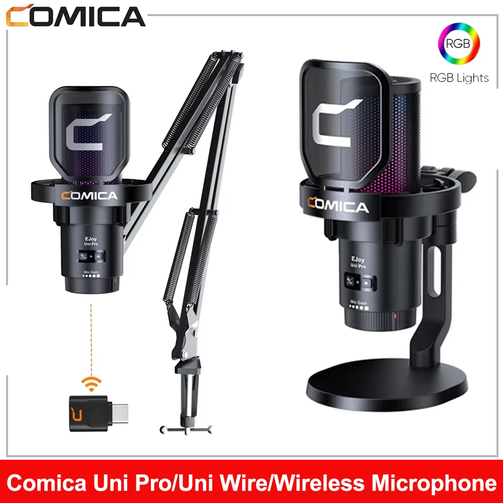 

Comica Uni Pro/Uni Wire/Беспроводной игровой USB-микрофон для ПК, ноутбука, смартфона, конденсаторный микрофон с шумоподавлением и RGB подсветкой