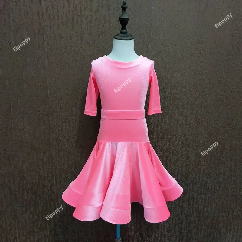 

New Children Split Latin Dance Dress 2024 New Autumn Winter Girls Pink Color Grading Competition Performance Clothes Dance Wear