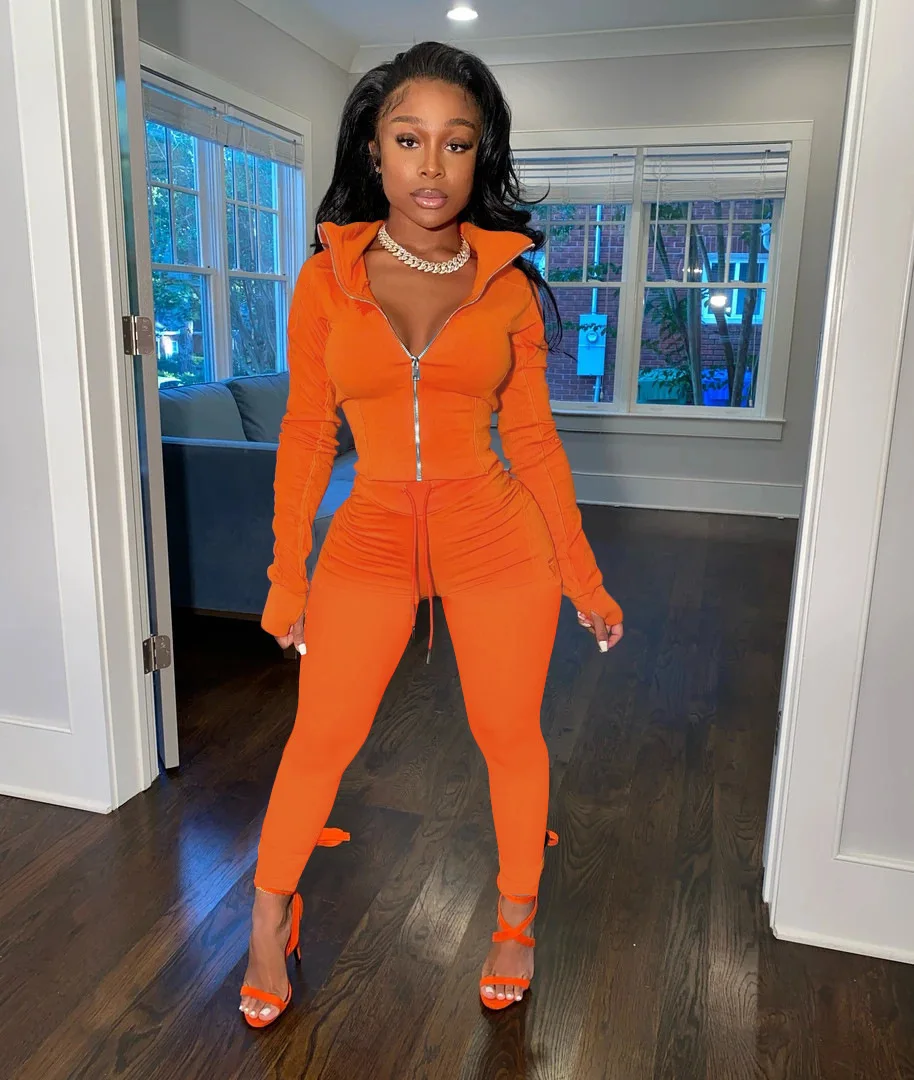 

2024 Casual Solid Color Long Sleeve Turndown Collar Zip Coat and Long Pants Suits Spring Fashion Tracksuit Women Two Piece Set