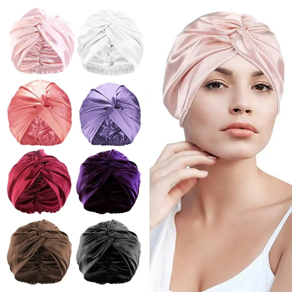 Double Layer Sleep Cap New Imitation Silk Multi-Color Night Hair Hat Popular Cross Twist Satin Bonnet Women