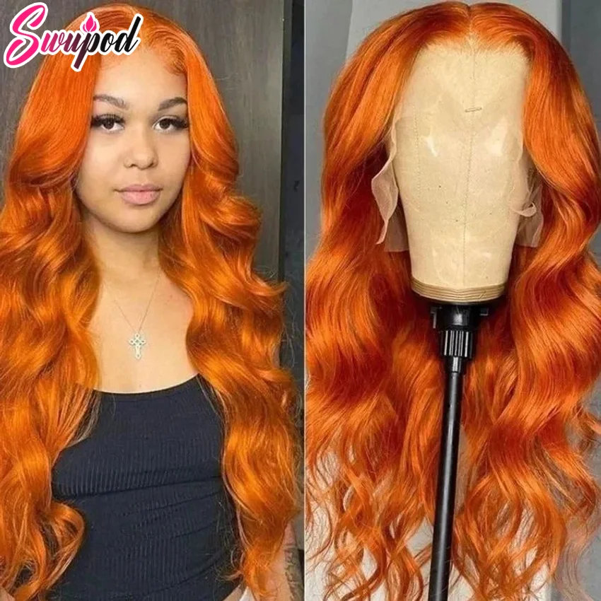 Swupod 13X4 13X6 200 Dichtheid Transparante Hd Lace Pruik Voor Vrouwen Body Wave Remy Human Hair Gember Oranje Kleur Lijmloos