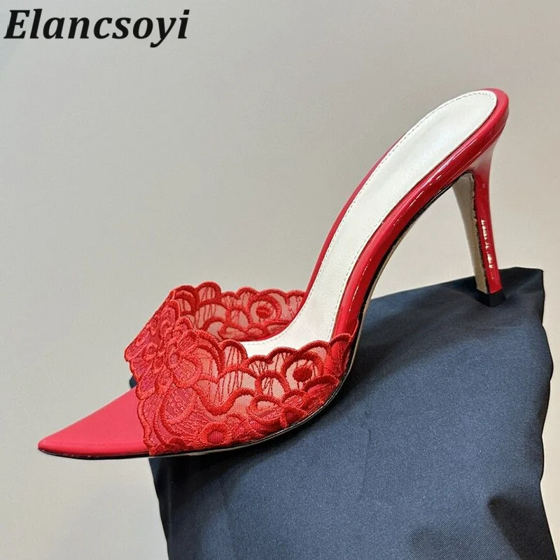 Thin High Heels Slippers Summer Pointed Toe Embroidery Banquet Shoes Women's Mesh Breathable Lazy Sandals Fashion Party Shoes