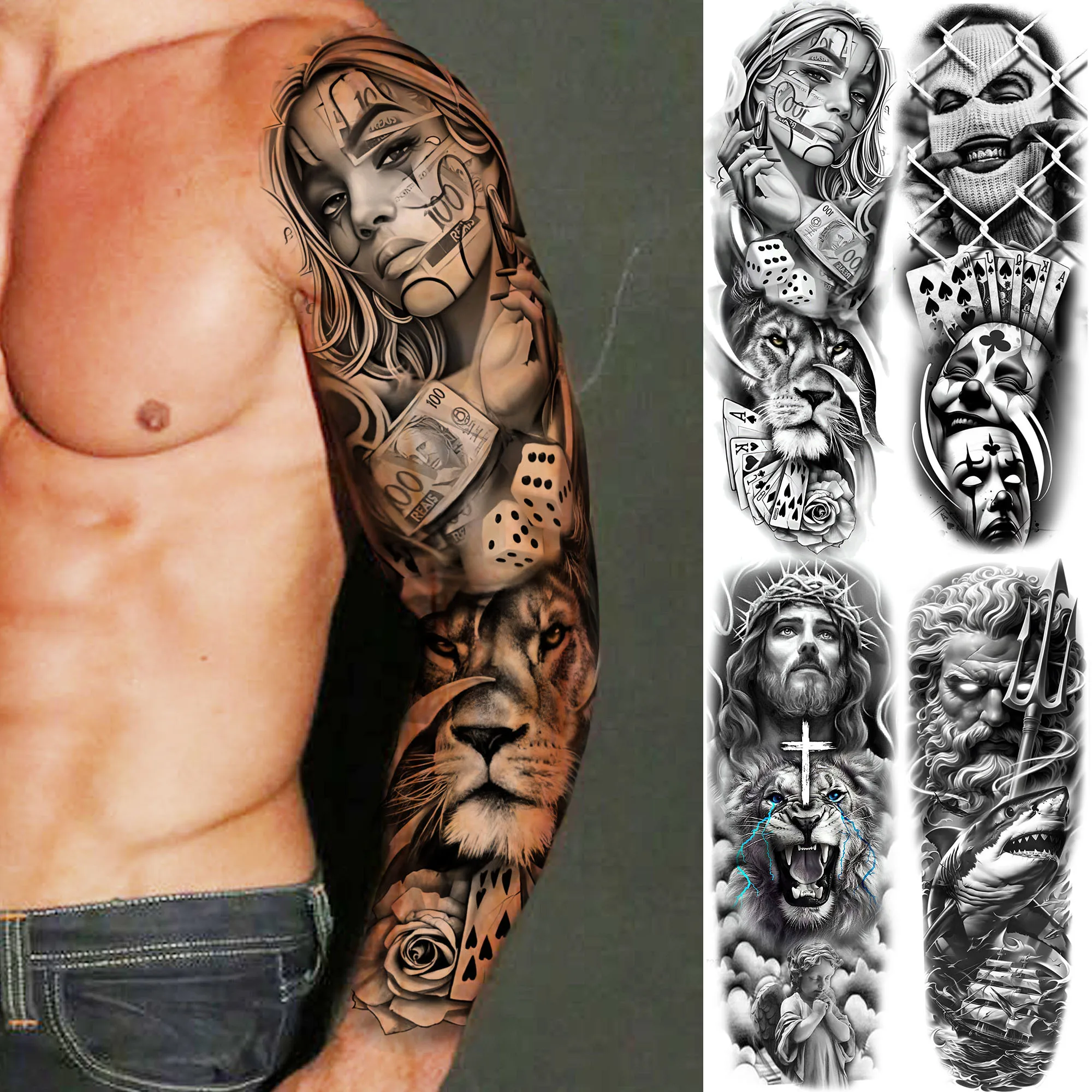 

1 Sheet Full Arm Wayward Girl Robber Poker Temporary Tattoo Sleeve Waterproof Realistic Zeus Juese Fake Tattoo Body Leg Stickers