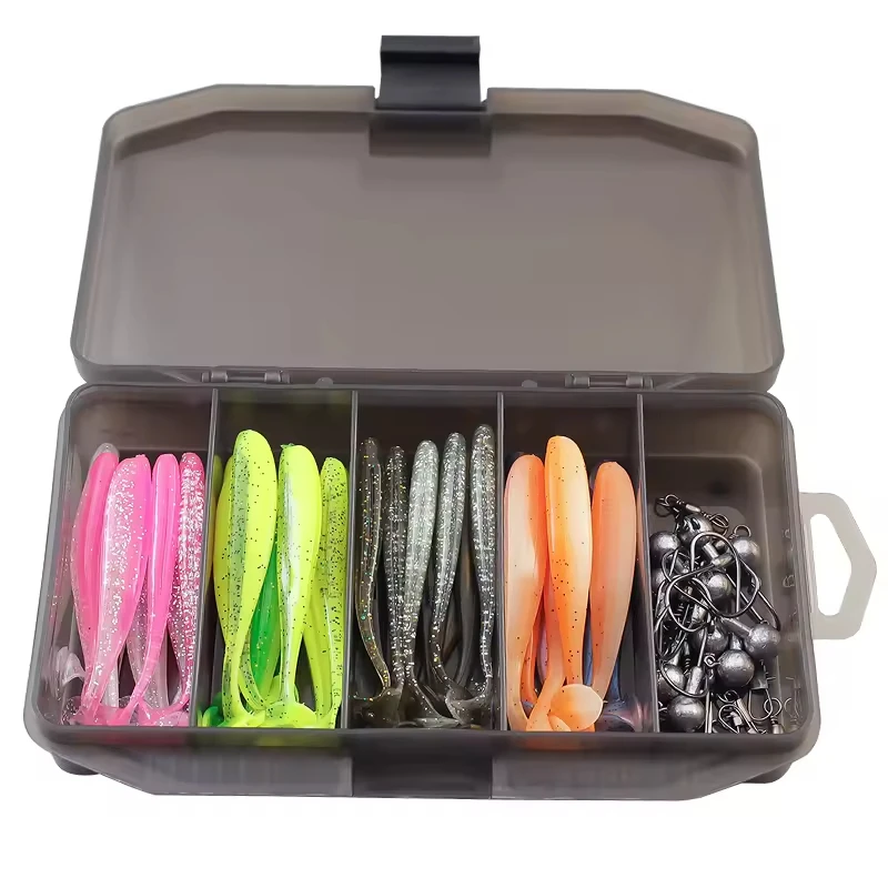 

61Pcs/box 7.5 Cm Two-color T-tail Soft Bait And Lead Head Hook Set Suitable For Bass Fishing Set Fishing Tackle Accessories