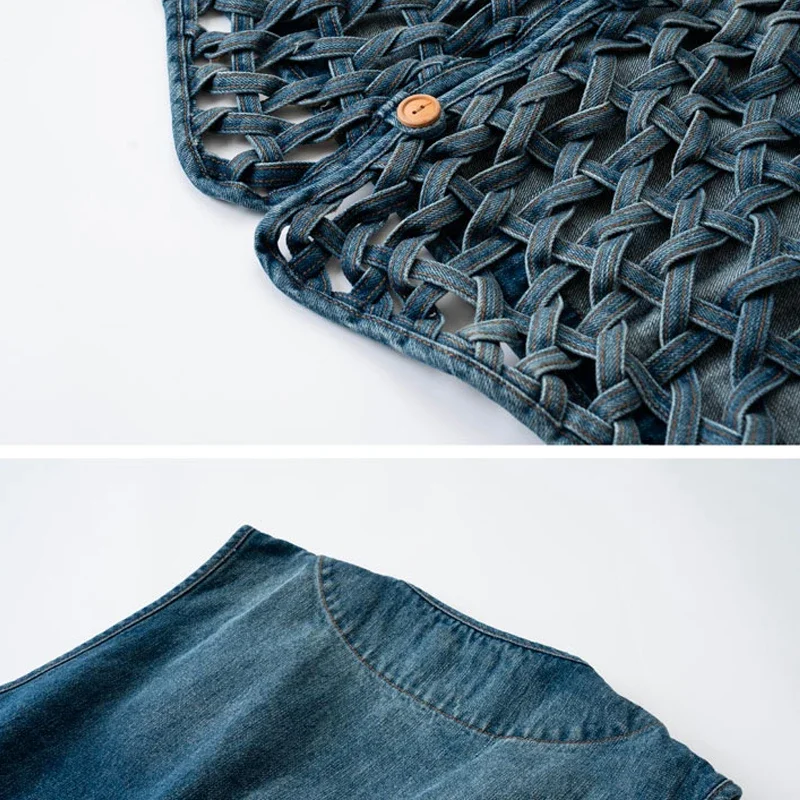 New Arrival Hand Woven Hollowed Out Men's and Women's Casual Loose Denim Vest Jacket High Quality