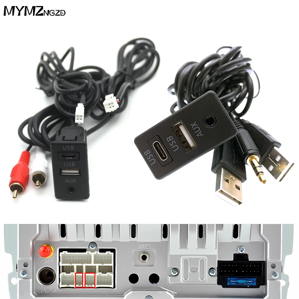 4 6 Pin Car Radio Dash Flush Mount Dual Type-C USB Port Switch Panel 3.5mm AUX RCA Interface Cable Adapter Android Multimedia