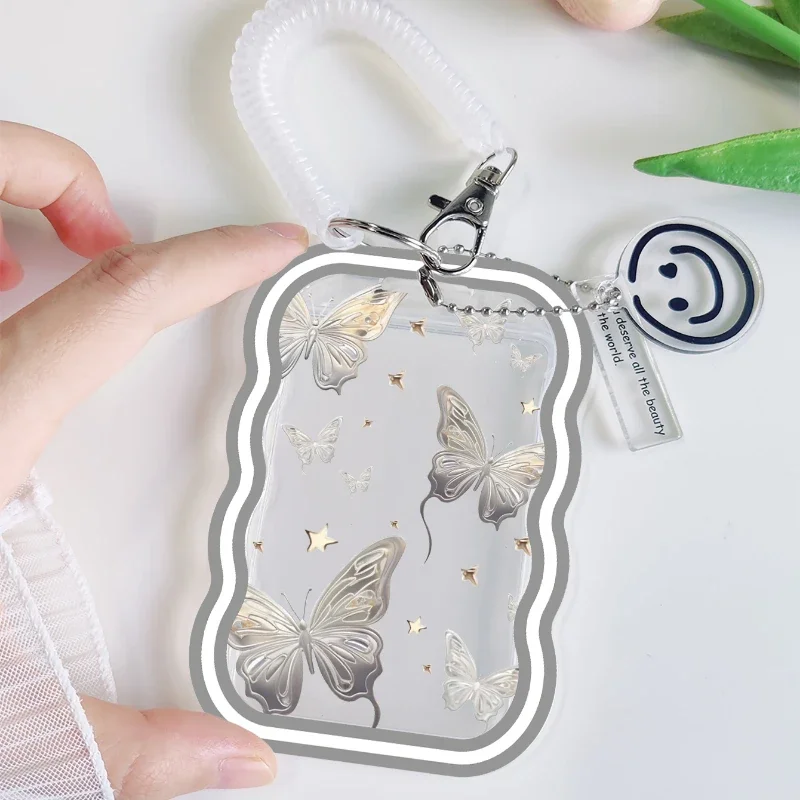 Wave Transparent Card Holder with Retractable Spring Cord Suitable for Kpop Idol Card Collect Organizer Stationery Door Card