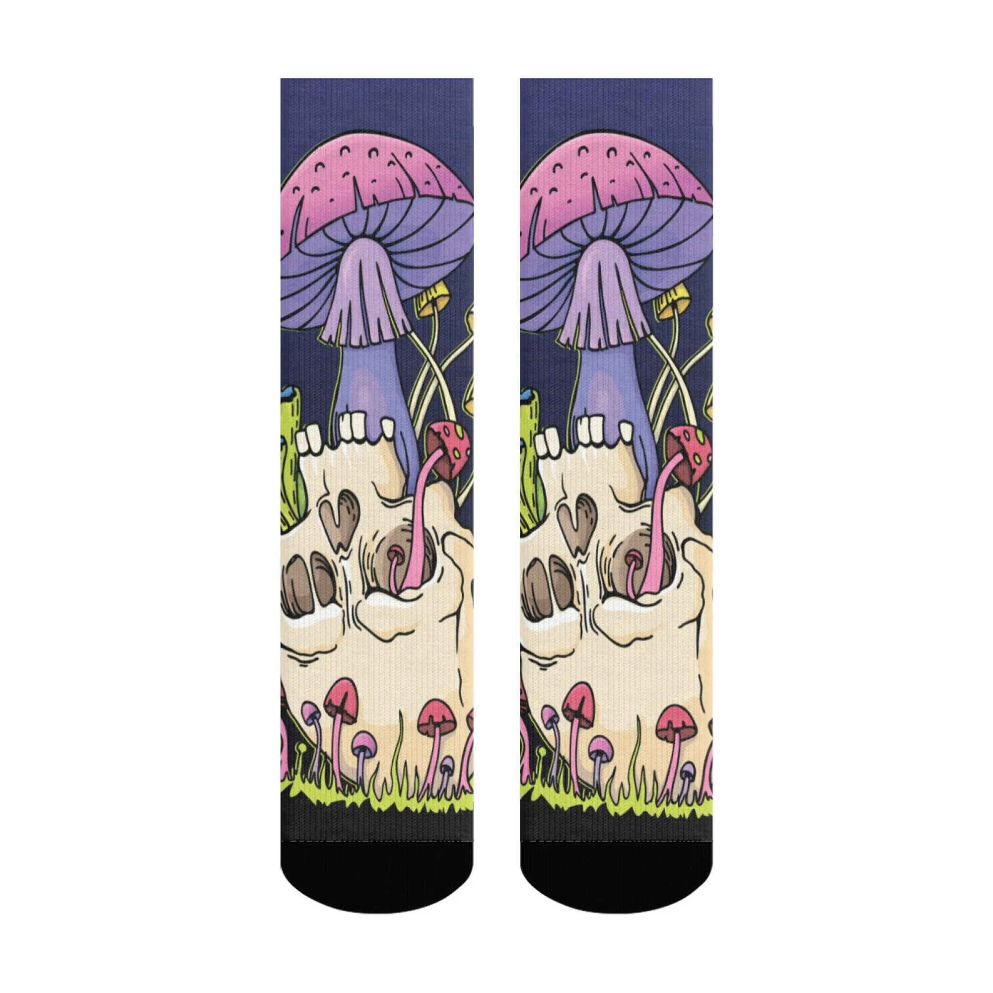 Unisex Dark Fairy Tale Skull & Mushroom Crew Socks Creative Contrast Print Socks for Alternative Fashion & Street Party Wear