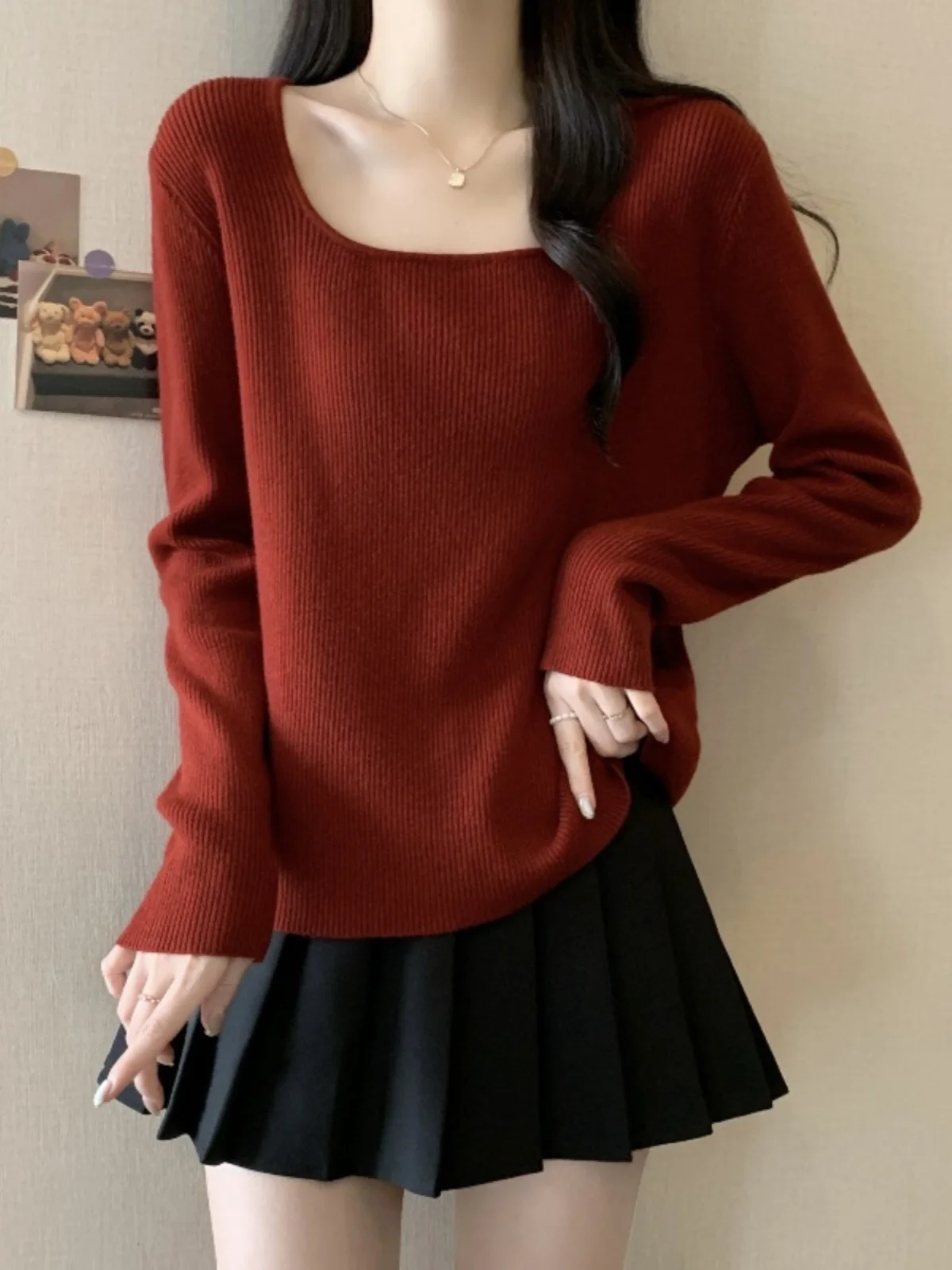 

Large Collar Long Sleeve Knitted T-Shirt Women's Early Spring plus Size Inner Wear Base Shirt Square Collar Clavicle Top