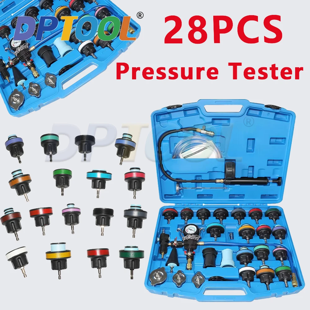 

Radiator Pressure Tester Pneumatic Vacuum Cooling System Purge Refill Kit 28PCS Universal Automotive Water Tank Leak Test