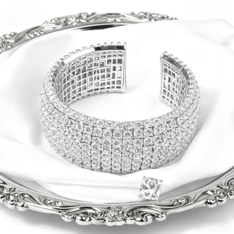 CAMEO 925 Silver Synthetic Zircon Bracelet Round White Full Diamond Starry Sky Sparkling Luxury Wide Edition Open Bangle