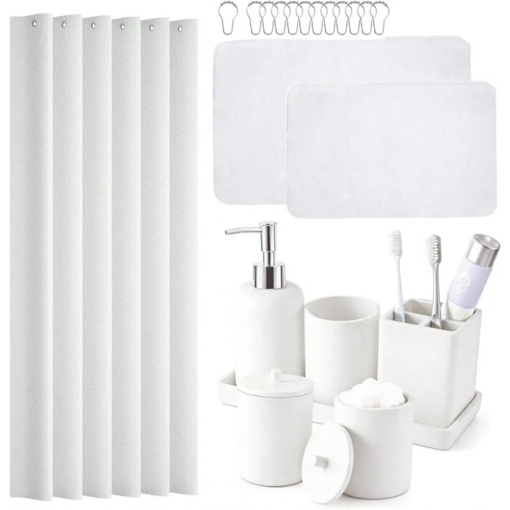 

21 Pcs Bathroom Accessory Set With Waterproof Shower Curtain And Non Slip Mat,Resin Bath Set With Toothbrush Holder