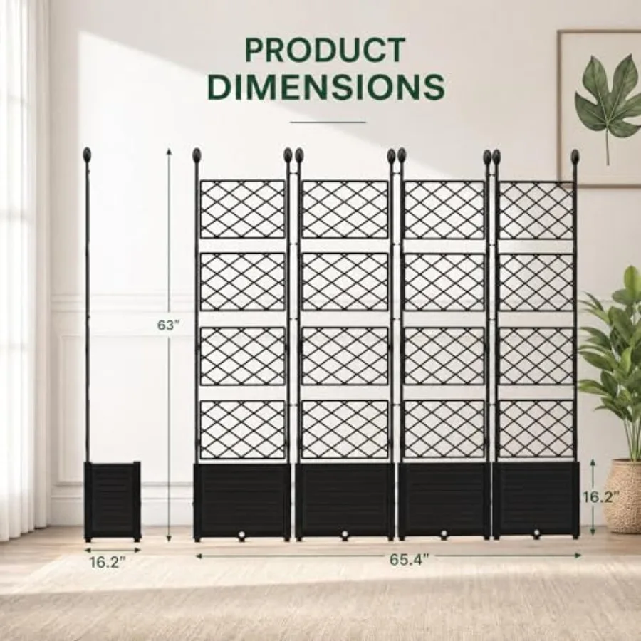 Outdoor raised garden bed with trellis for climbing plants, cedar wood, natural color, modular 3-box design with privacy screen