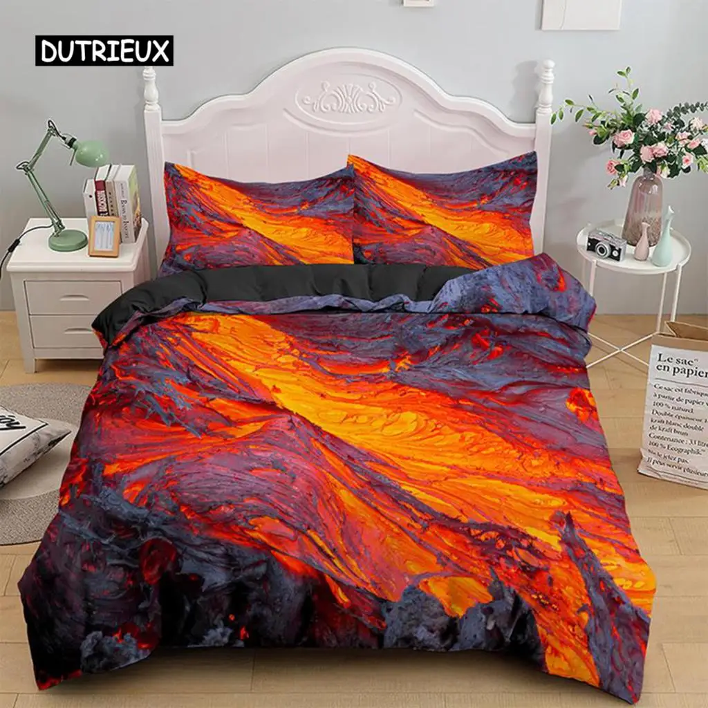 Volcano Duvet Cover Set King Size Disaster Pattern Red Yellow Comforter Cover Microfiber Lava Bedding Set for Adult Boy Men Teen