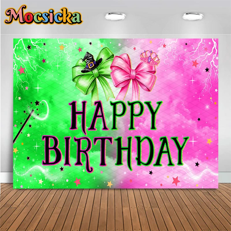 Mocsicka Green Pink Happy Birthday Backdrop Gender Reveal Witch Hat Crown Bow Magic Star Girls Halloween Photography Background