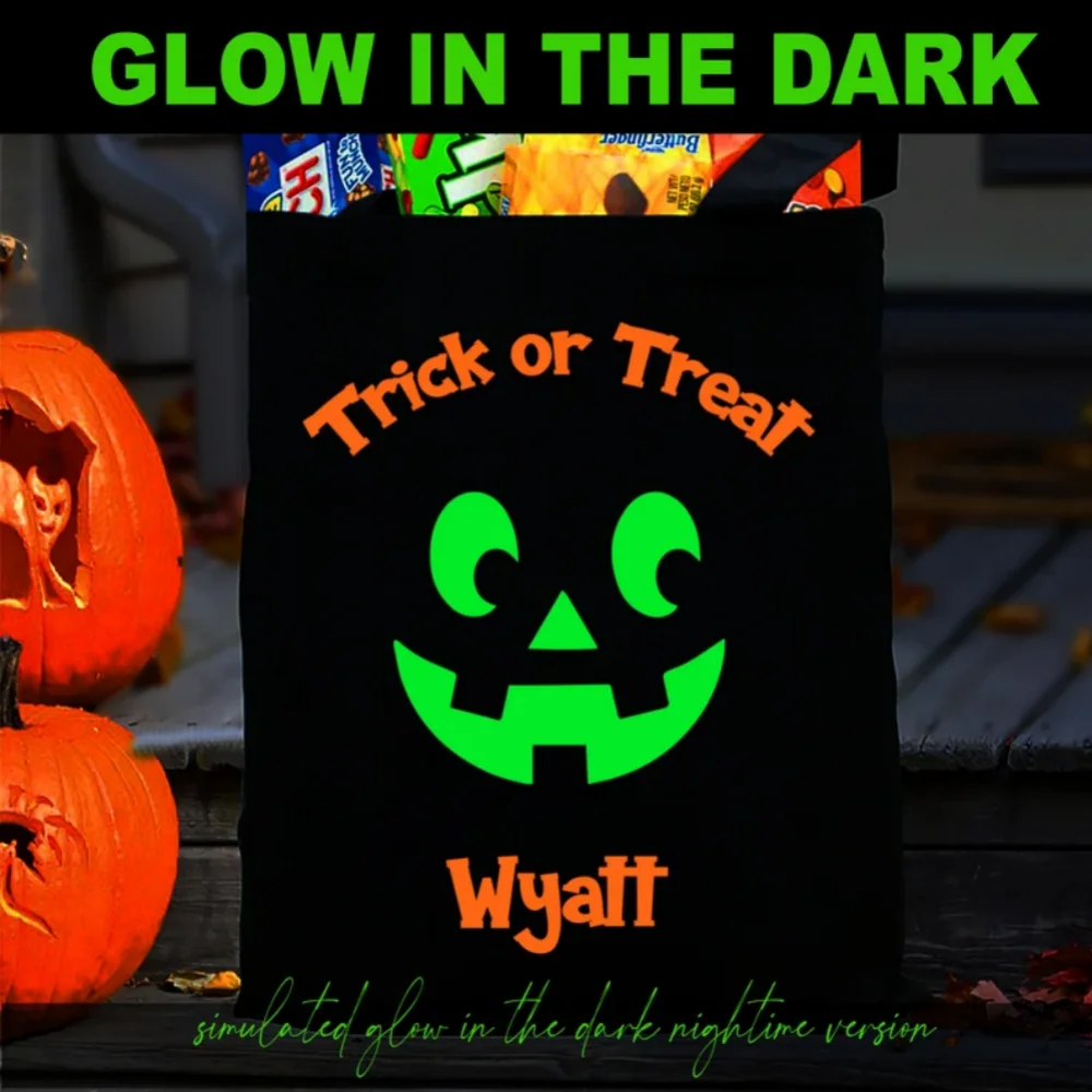 حقيبة خدعة أو علاج، تتوهج في الظلام، حقائب الهالوين المخصصة، الفتيات والفتيان، إضافة اسمك، وجه اليقطين اللطيف - هدايا مصنوعة حسب الطلب #2