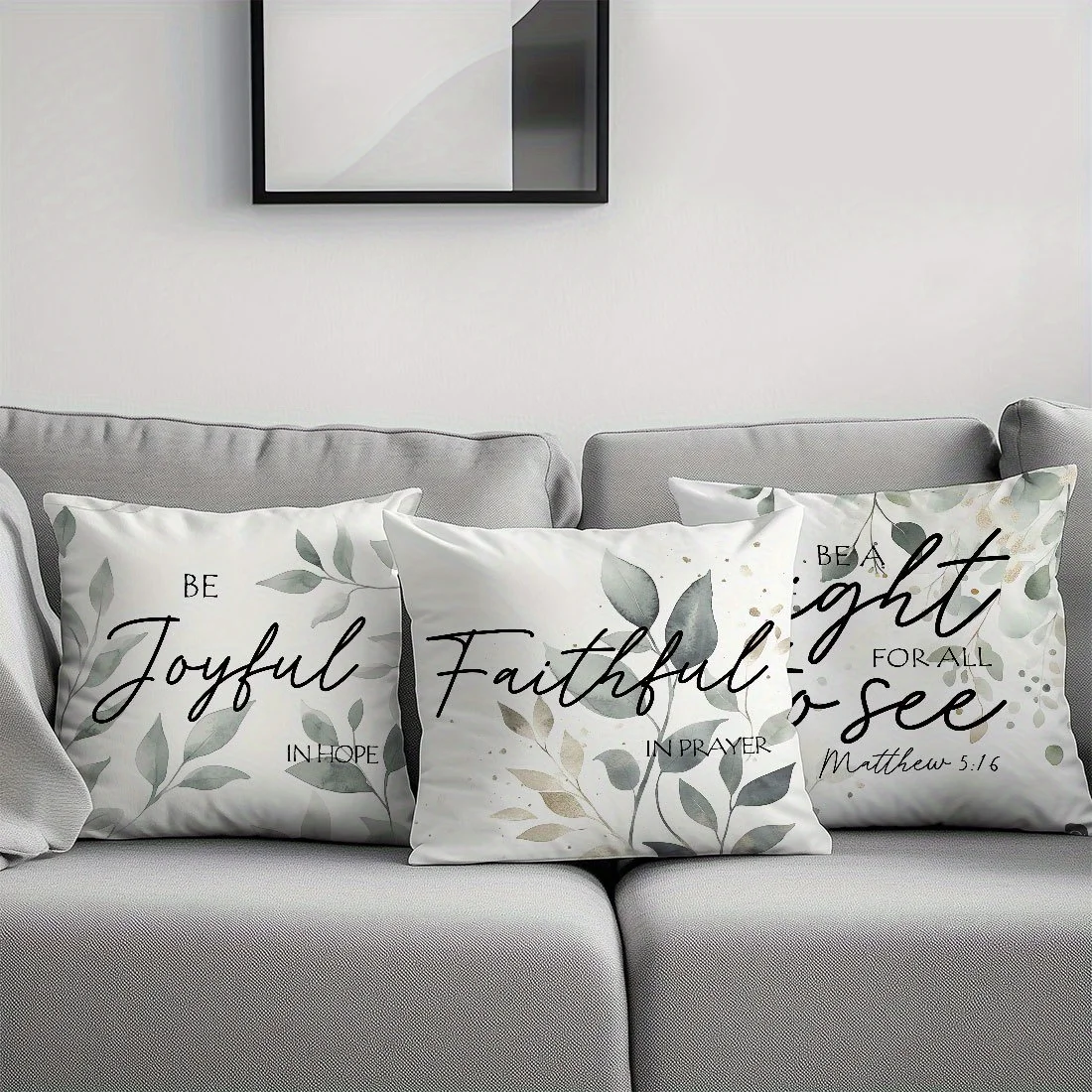 4Pcs Single-Sided Printed Pillow Covers - Fresh Green Leaf & Bible Verse Cushion Covers for Living Room Sofa/Bedroom Decor