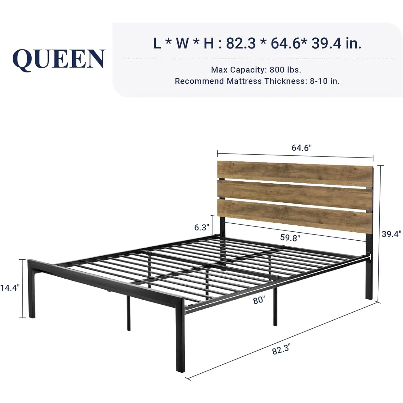 Queen Size Bed Frame, Platform Bed Frame with Wooden Headboard and Metal Slats, Mattress Foundation, Queen Bed Frame