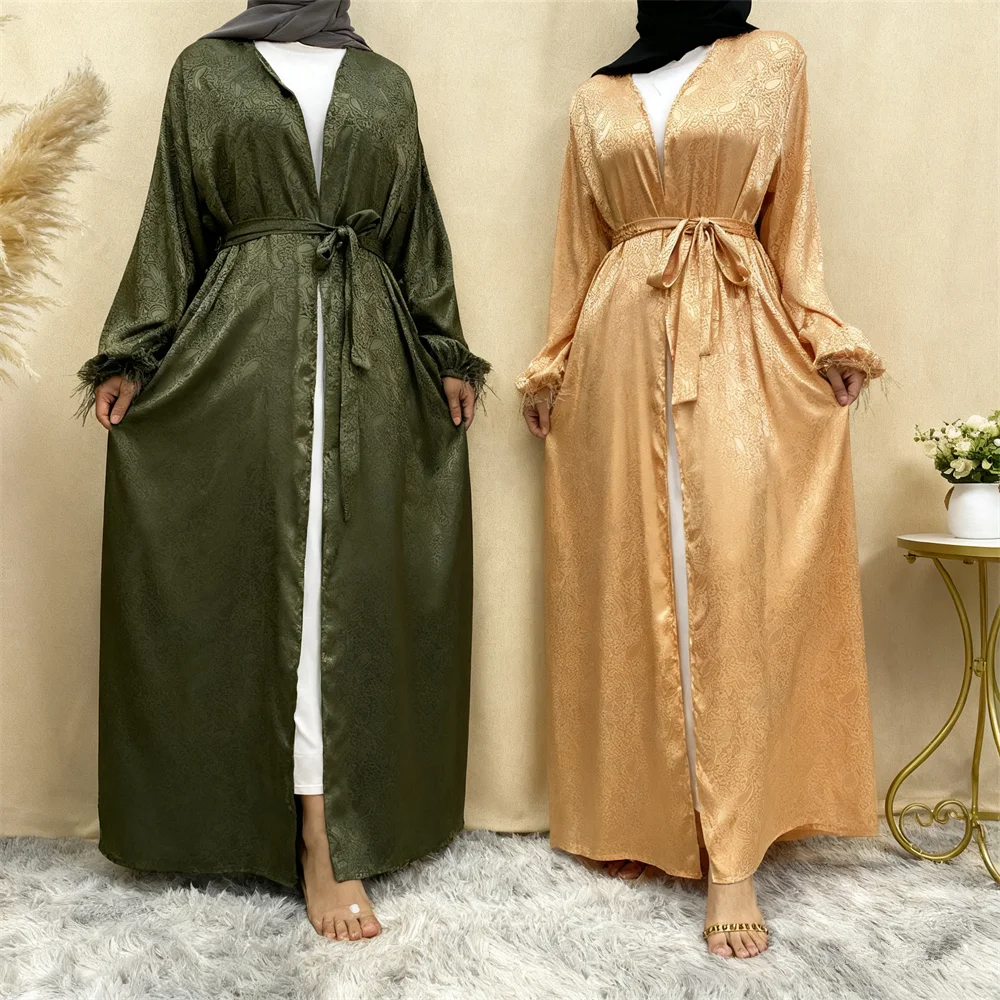 Satin musulman Abaya femmes Robe imprimer plume maroc fête longue Robe Islam turquie dubaï Eid Ramadan Robe Kimono Cardigan Kebaya
