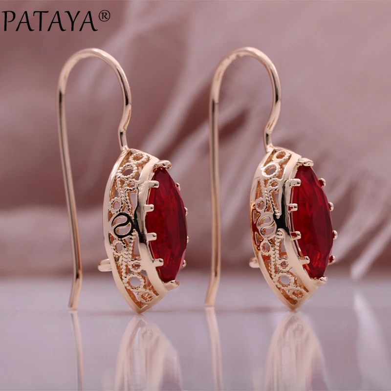 PATAYA New Red Horse Eye Natural Zircon Drop Earrings Trend Fashion Jewelry For Women 585 Rose Gold Color Unique Hollow Earrings