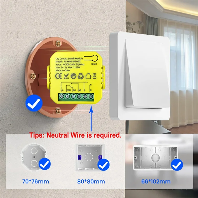 ABUO-Tuya Dry Contact Relay Wifi Module Smart Wifi Switch Module 5A DC12V 24V AC100-240V