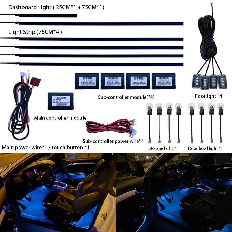 

18 in 1 Ambient Light For Car Interior 64 Color Breathe Dashboard Door Decoration LED Strip Lights RGB Bluetooth App Control 12V