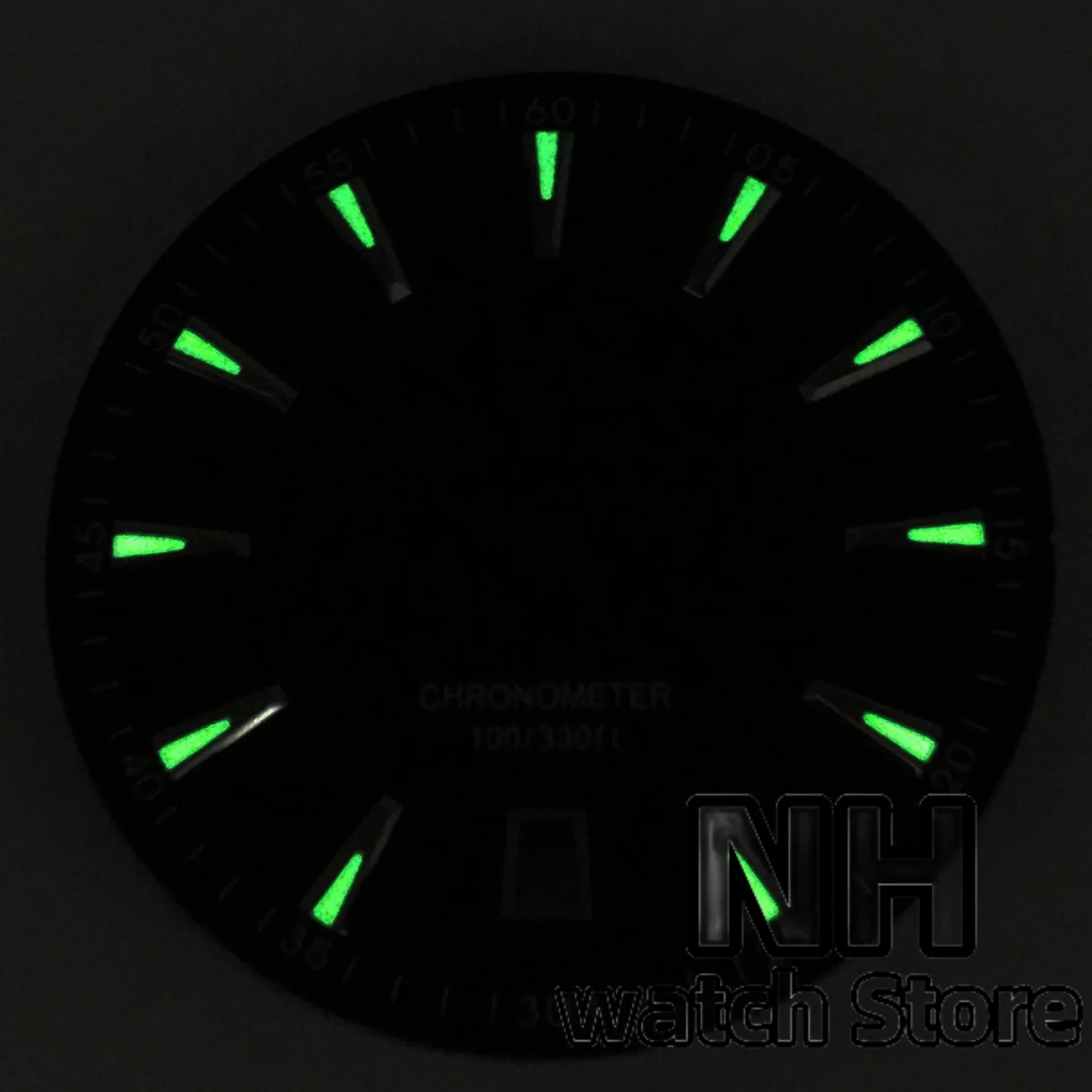 NH 33mm التدرج أشعة الشمس العقيمة ووتش الاتصال الهاتفي نافذة التاريخ مضيئة الأخضر عند الساعة 6 تناسب NH35 6 الساعة تاريخ الحركة