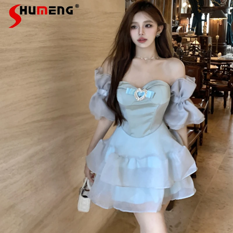 Hot Girl Sexy Bandeau One-Shoulder Short Dress Princess Puff Sleeve Diamond Fishbone Slim Pettiskirt Female Vestidos De Mujer