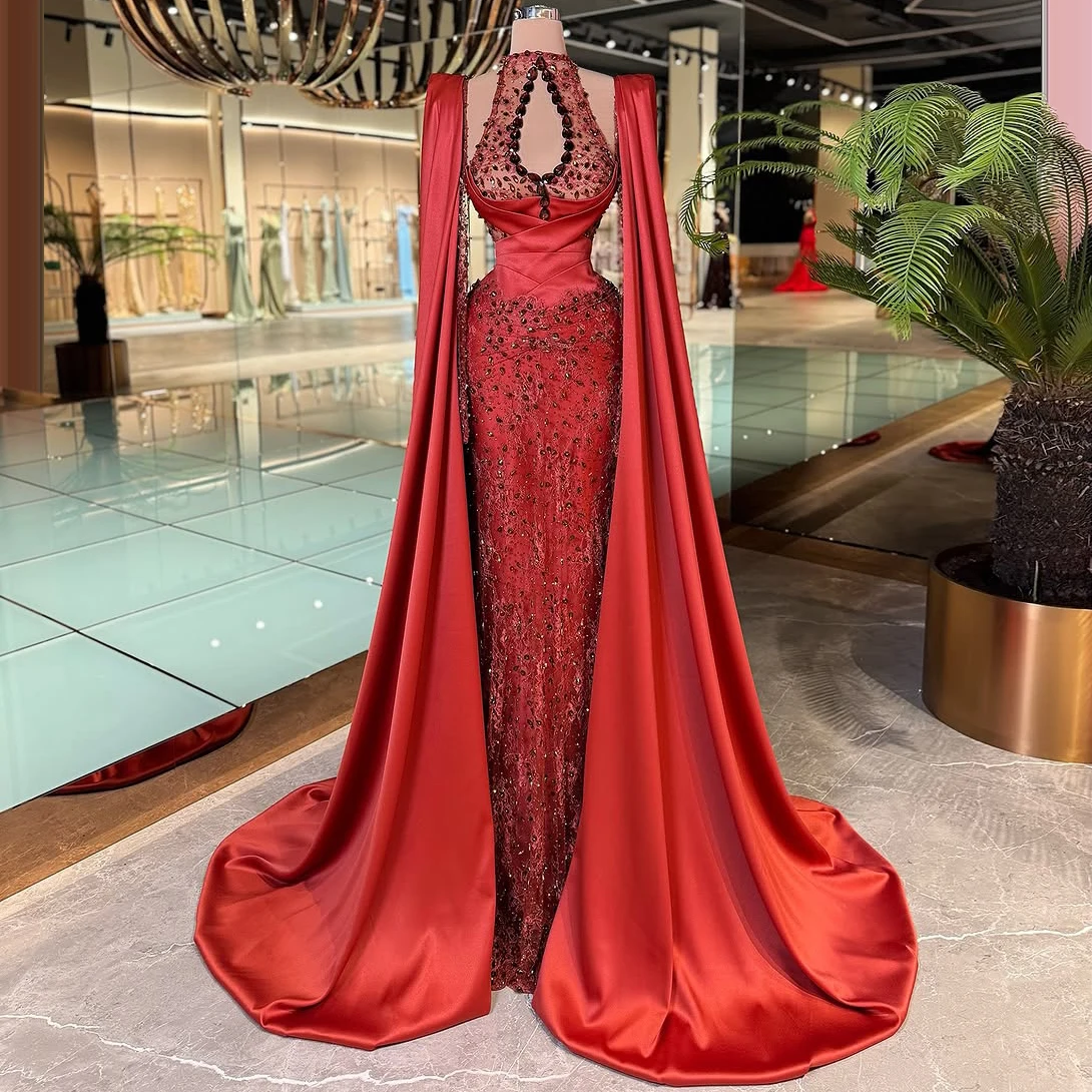 

Luxurious sensual red sheer crystal evening dress mermaid dress shoulder cape train vintage party gown special occasion