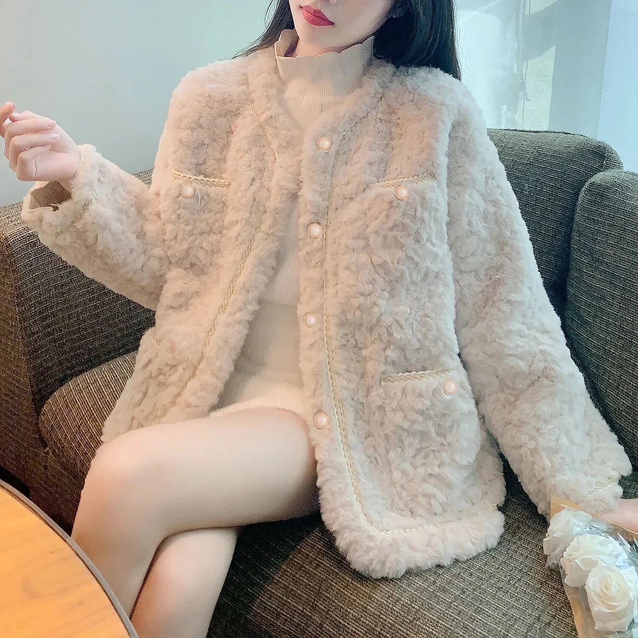 

Fashion Lamb Wool Winter Jacket Women 2024 Thick Warm Faux Fur Coat Ladies Wild Lazy Pockets Furry Outerwear Streetwear Clothing