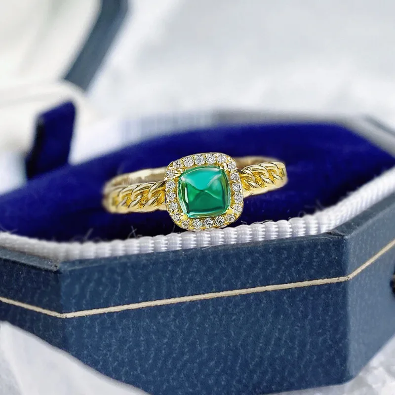 Jewelry Live New S925 Silver Imitation Emerald 5 * 5 Sugar Tower Ring Daily Fashion Simplicity Small and Popular Fashion