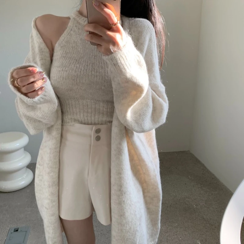 

Мягкие вязаные комплекты из двух предметов во французском ленивом стиле, майка и кардиган оверсайз, женский свитер с длинными рукавами, пальто, зимняя одежда