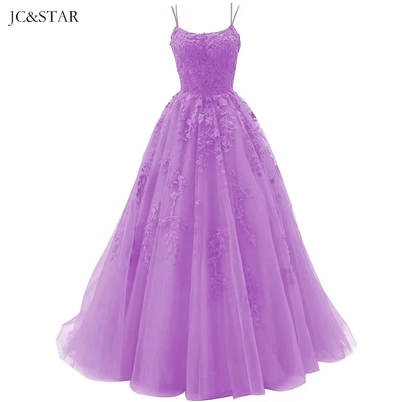 

Purple Bridesmaid Dress Backless Flower Tulle Vestido De Fiesta Elegante Para Boda Long Spaghetti Strap V Neck Lace Appliques