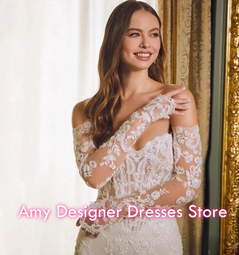 Modest Civil Sweetheart Wedding Dresses Off-the-shoulder Zipper Mermaid Print Sequins Court Train Lace Dress Customized