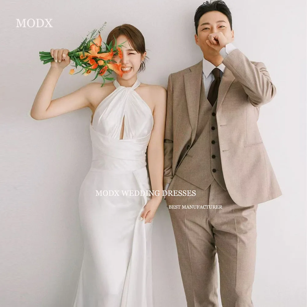 

MODX Halter Mermaid Wedding Dresses Korea Photo shoot Floor Length Satin Silk Bride Gowns Custom Made
