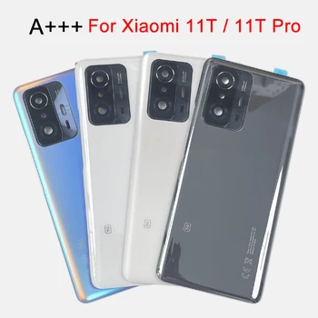 A + + + Xiaomi 11T Pro için arka pil cam kapı Mi 11t 5G arka kapak değiştirme arka konut kapak Lens ile