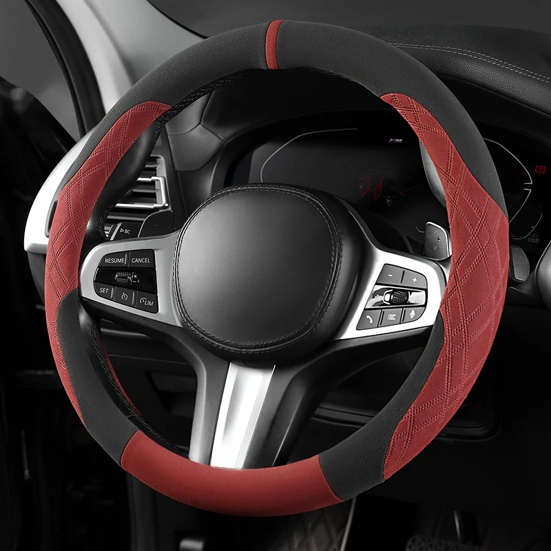 

Car Steering Wheel Covers Cowhide Suede Steering Wheel Cover Wrap Universal 37-38cm Breathable Steering Covers Car Accessories